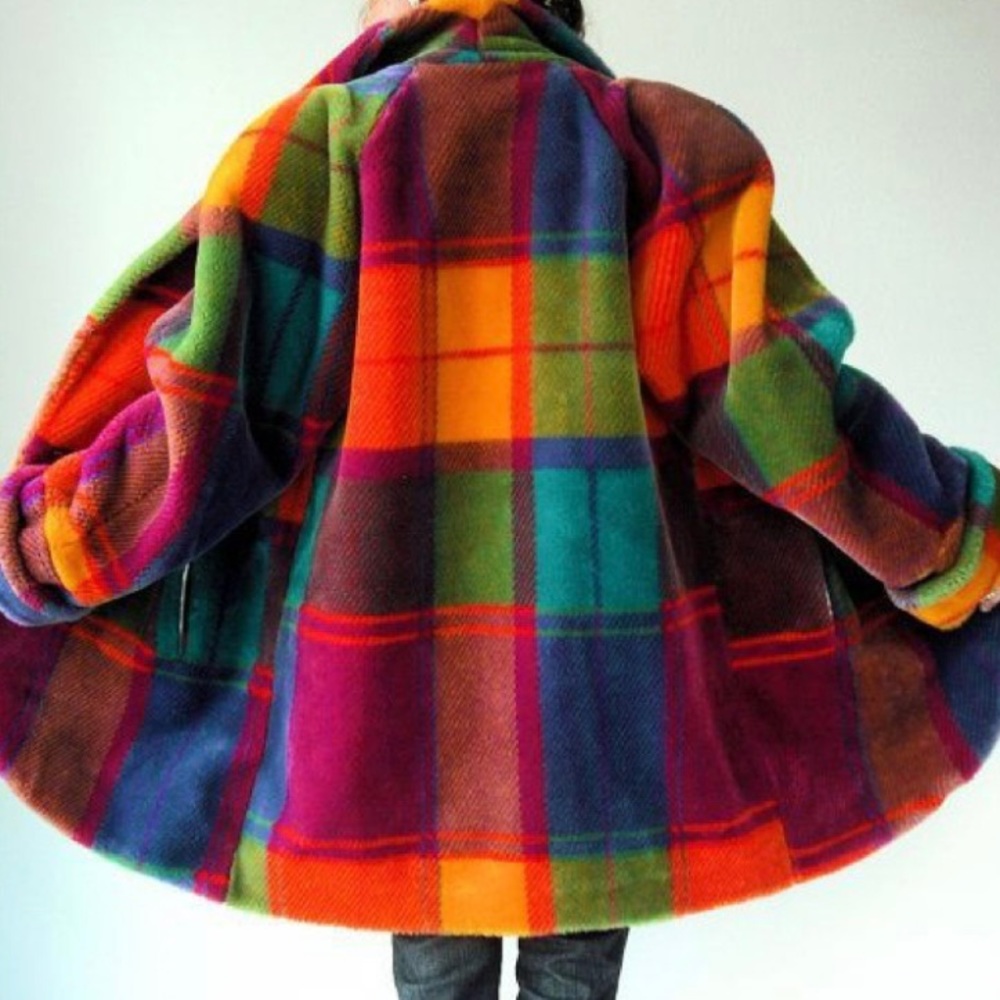 Vintage Donnybrook 1980s 80s Rainbow Plaid Faux Fur Coat Size Small Oversized